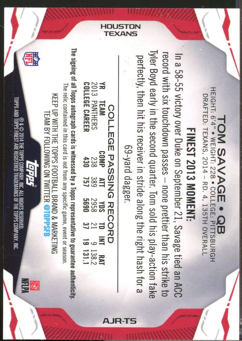 Tom Savage Card 2014 Finest Rookie Jumbo Jersey Autographs Refractors #AJRTS  Image 2