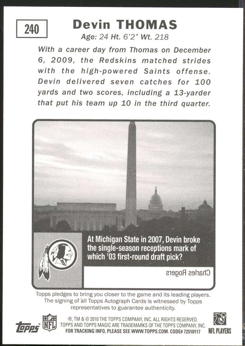 Devin Thomas Card 2010 Topps Magic Autographs #240  Image 2