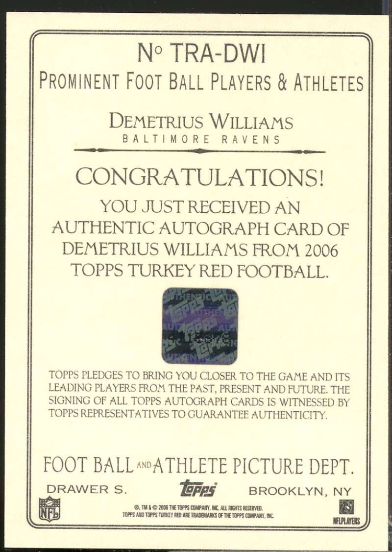 Demetrius Williams Card 2006 Topps Turkey Red Autographs Gray #DWI  Image 2