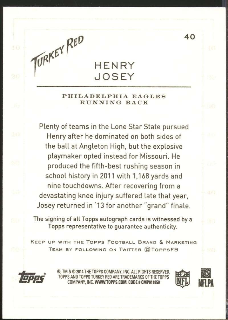 Henry Josey Card 2014 Topps Turkey Red Rookie Autographs #40  Image 2