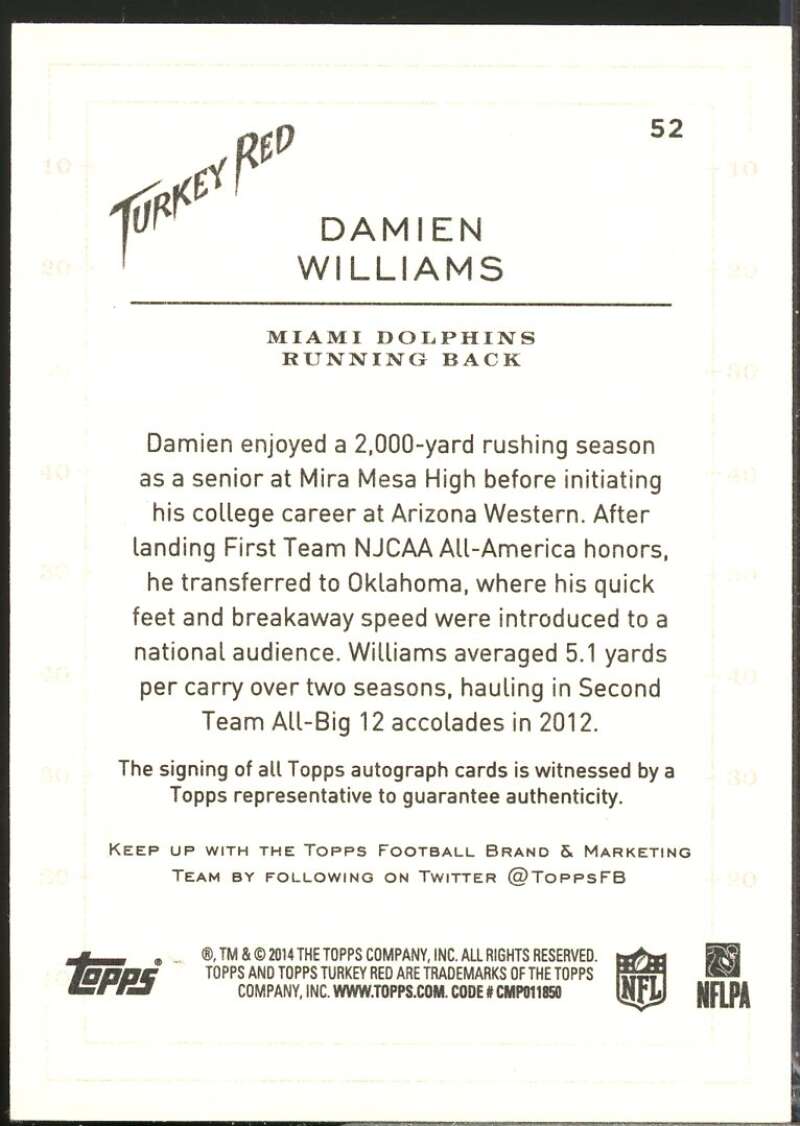 Damien Williams Card 2014 Topps Turkey Red Rookie Autographs #52  Image 2