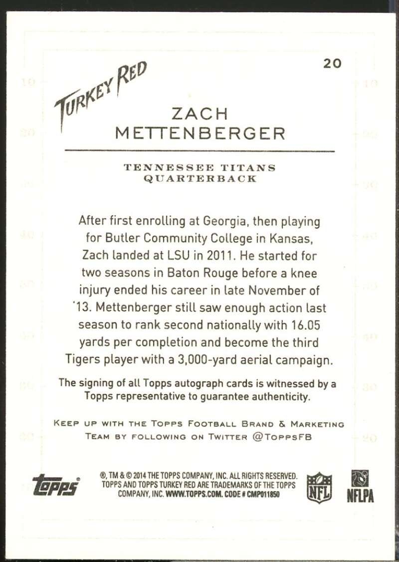 Zach Mettenberger Card 2014 Topps Turkey Red Rookie Autographs #20  Image 2