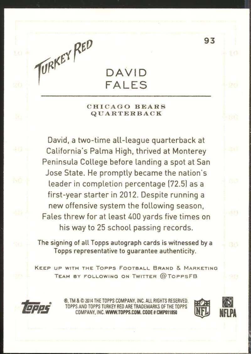 David Fales Card 2014 Topps Turkey Red Rookie Autographs #93  Image 2