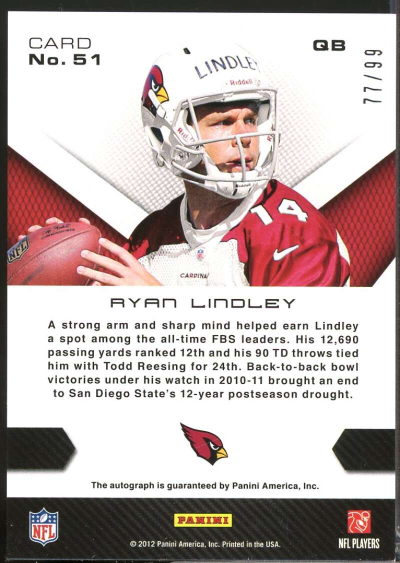 Ryan Lindley /99 Card 2012 Momentum Rookie Salute Autograph #51  Image 2
