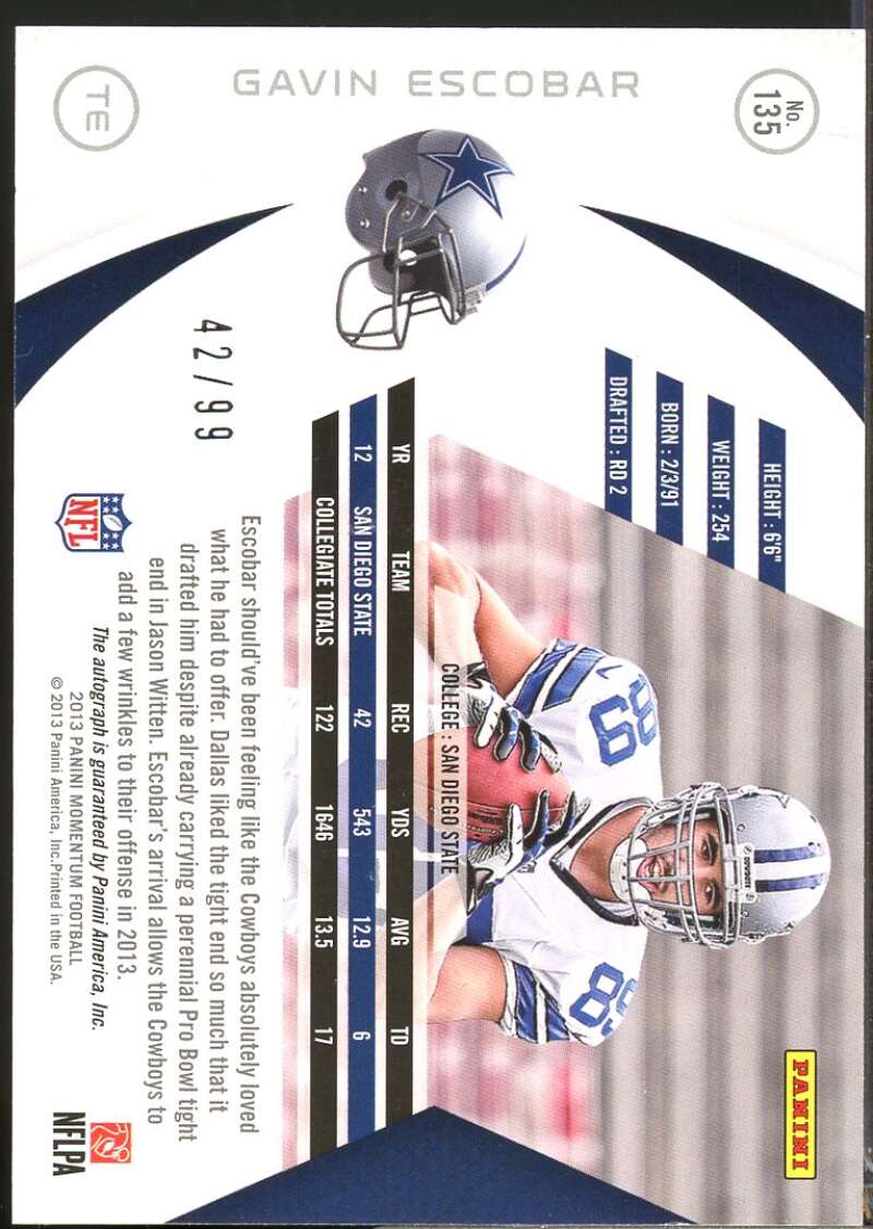 Gavin Escobar /99 Card 2013 Momentum Rookie Signatures Autograph Silver #135  Image 2