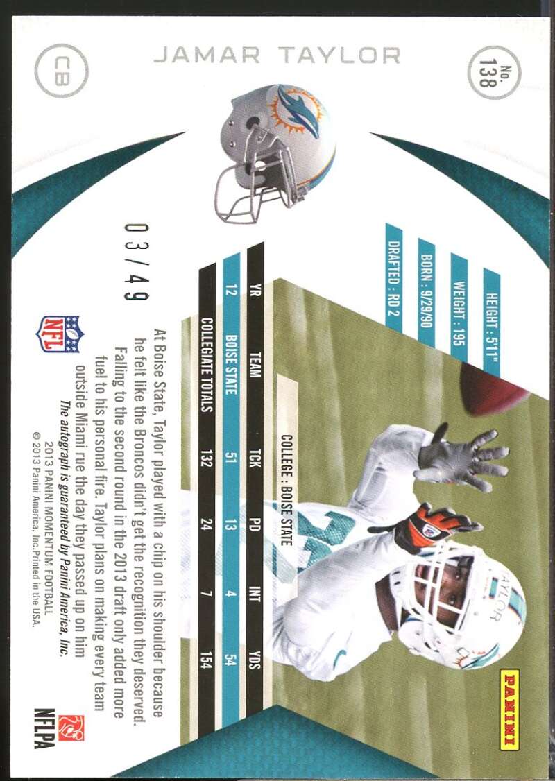 Jamar Taylor /49 Card 2013 Momentum Rookie Signatures Autograph Gold #138  Image 2