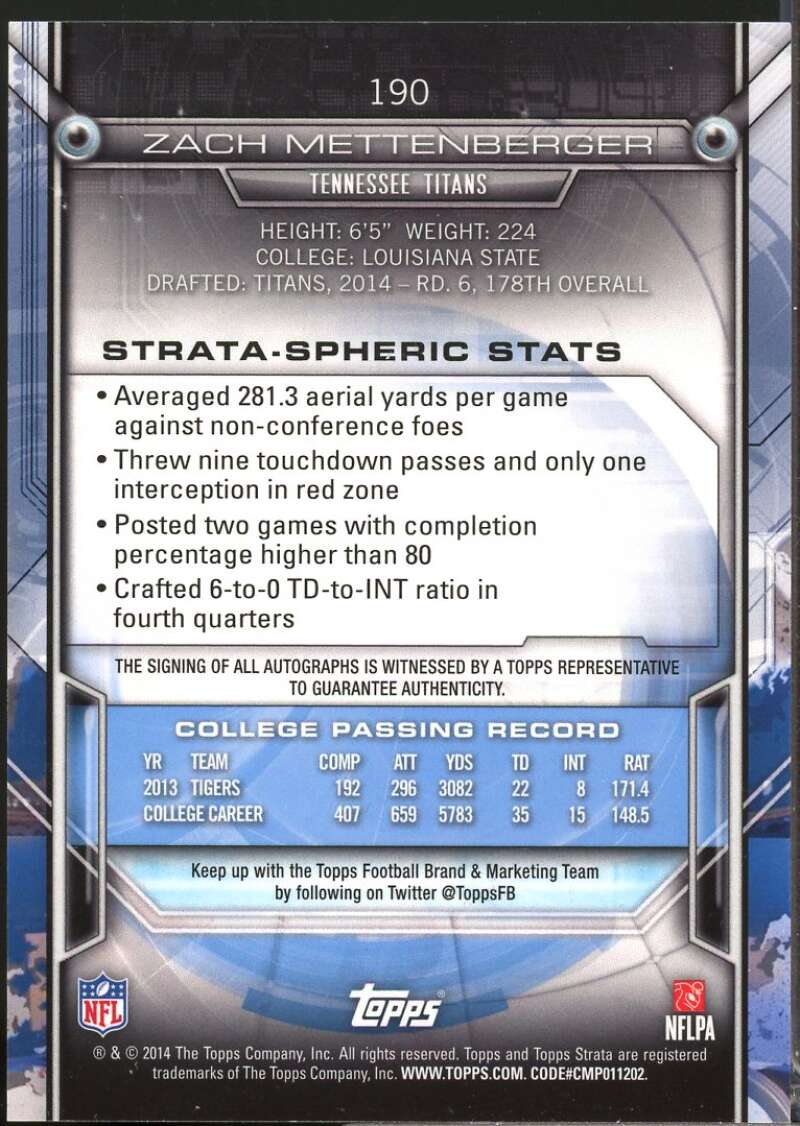 Zach Mettenberger Card 2014 Topps Strata Autographs Sapphire #190  Image 2