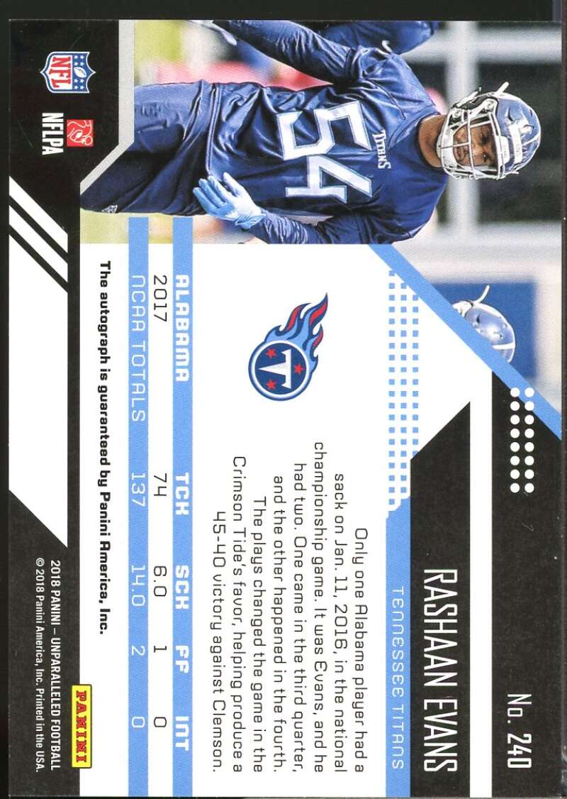 Rashaan Evans Card 2018 Panini Unparalleled Rookie Autographs #240  Image 2