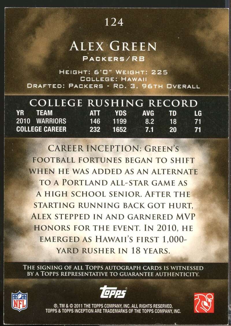 Alex Green /900 RC Card 2011 Topps Inception Rookie Autograph #124  Image 2