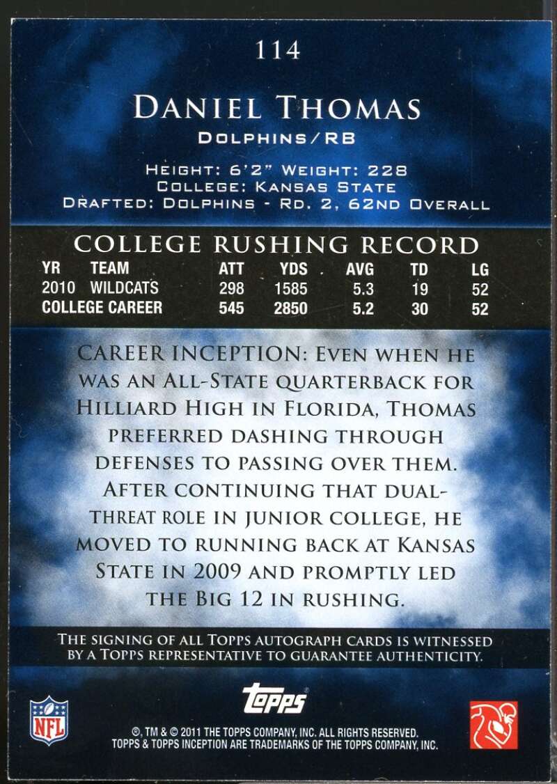 Daniel Thomas Card 2011 Topps Inception Rookie Autograph Blue #114  Image 2