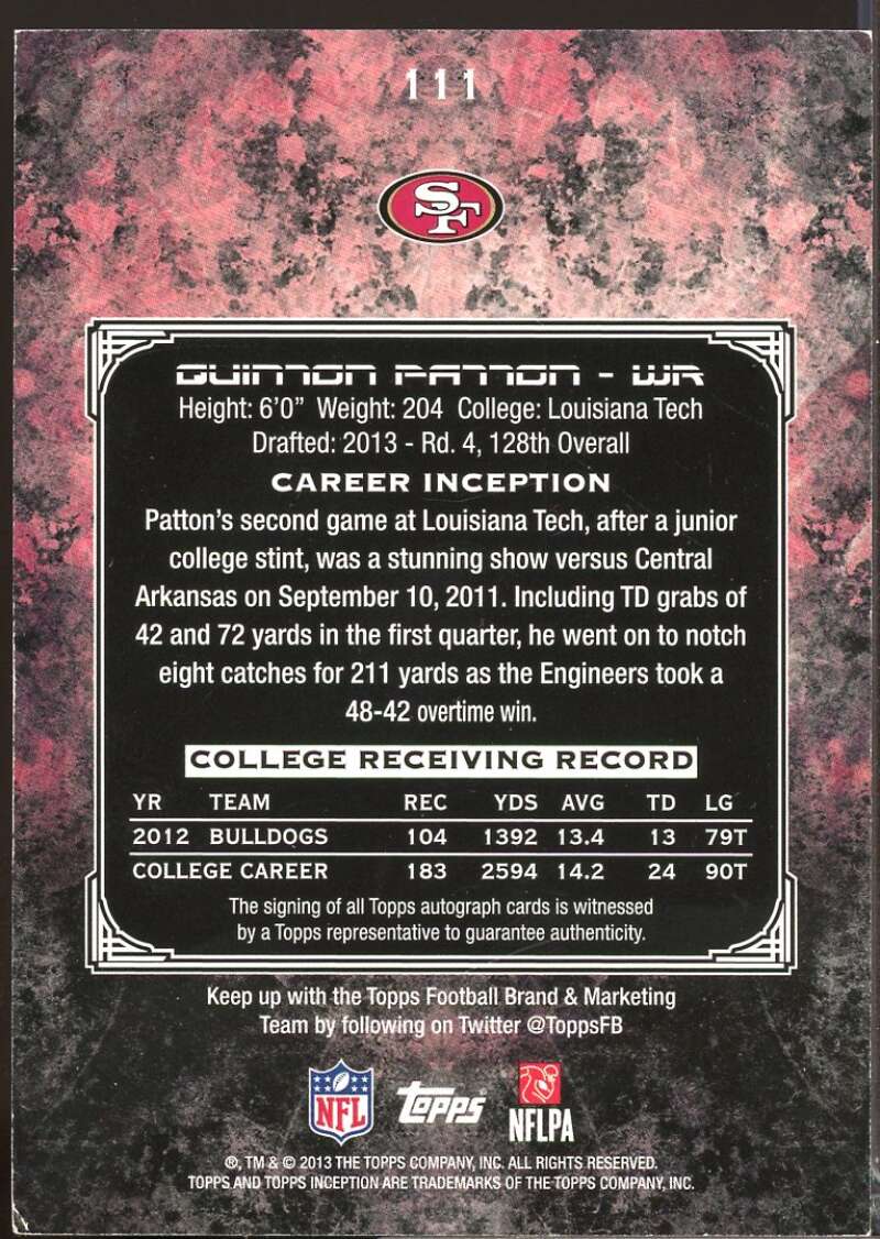 Quinton Patton Card 2013 Topps Inception Rookie Autograph Green #111  Image 2