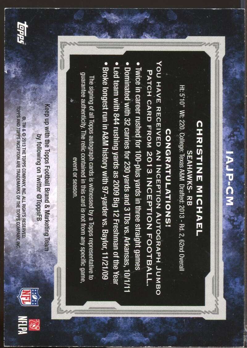 Christine Michael /150 2013 Topps Inception Rookie Jumbo Patch Auto #IAJPCM  Image 2