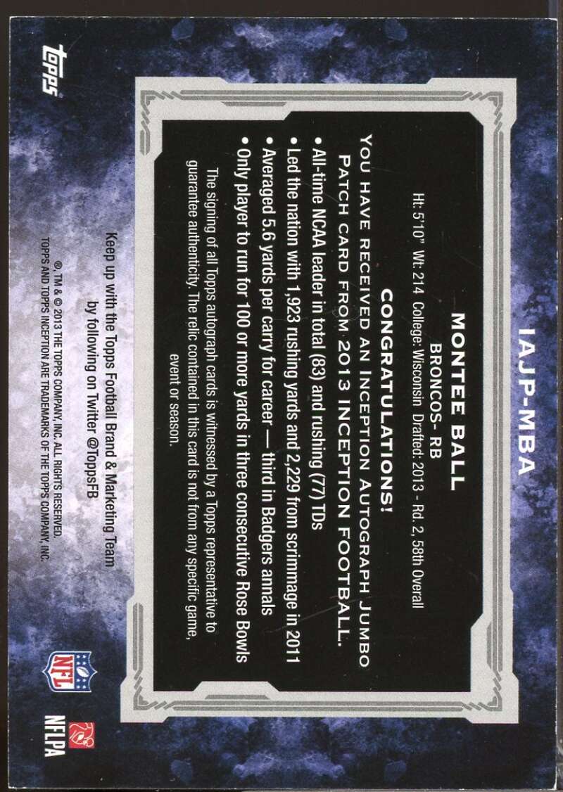 Montee Ball 2013 Topps Inception Rookie Jumbo Patch Autographs Green #IAJPMBA  Image 2