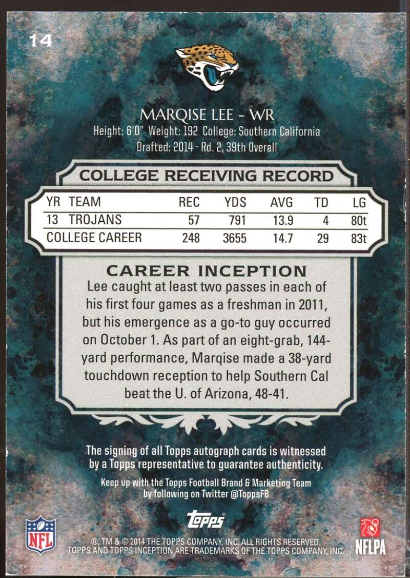 Marqise Lee RC Card 2014 Topps Inception Rookie Autograph #14  Image 2