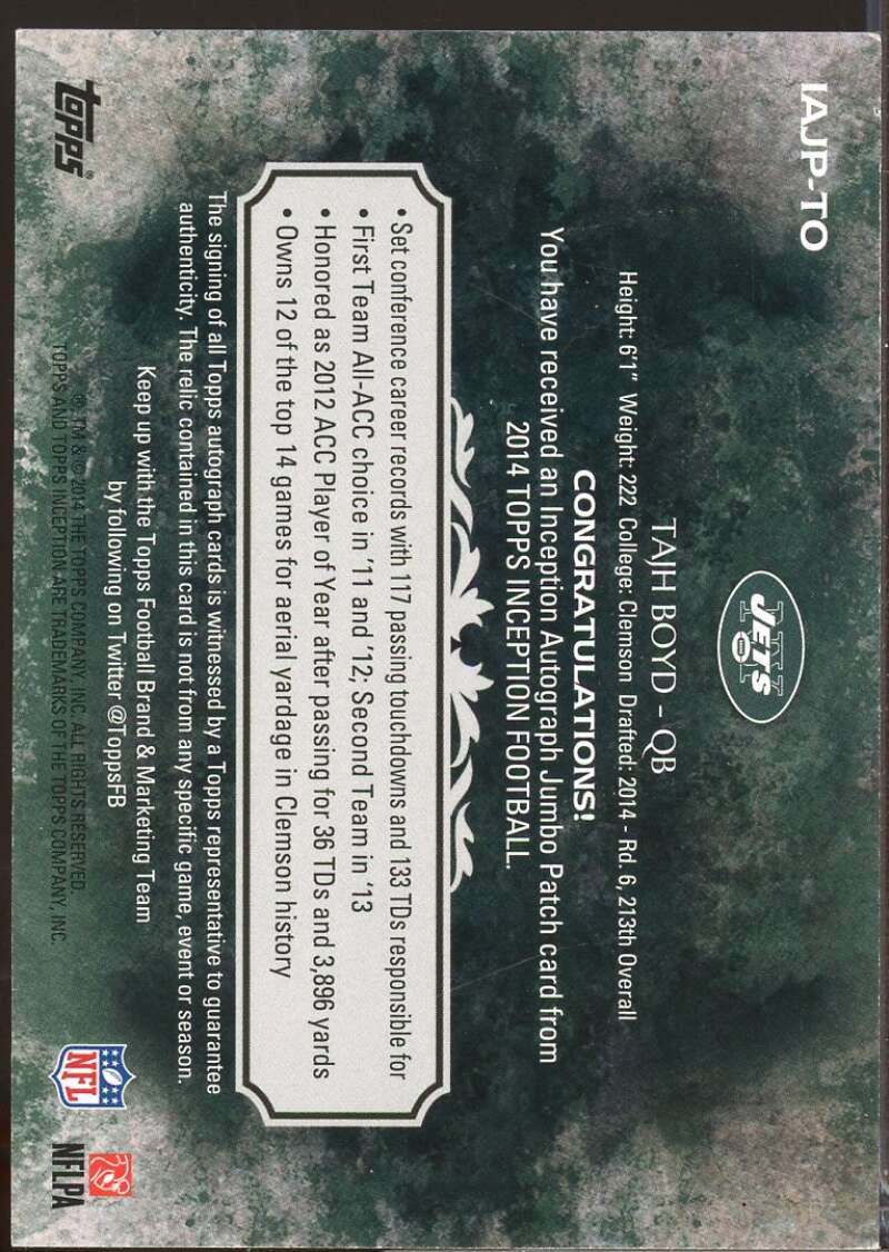 Tajh Boyd Card 2014 Topps Inception Rookie Jumbo Patch Autographs #IAJPTO  Image 2