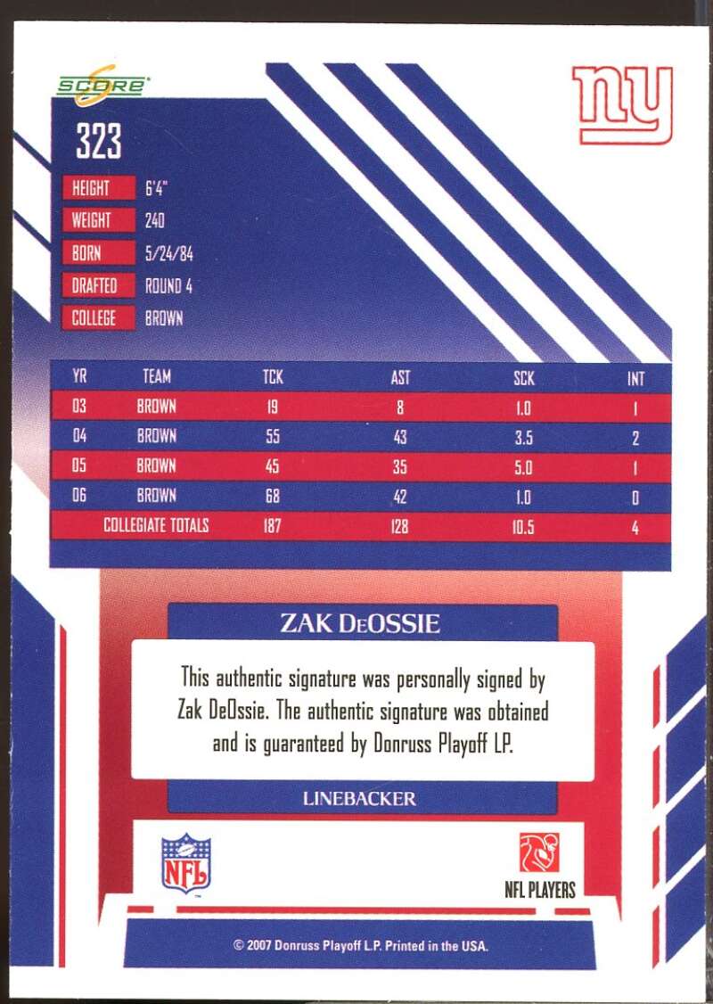 Zak DeOssie Card 2007 Score Inscriptions Rookie Autograph #323  Image 2