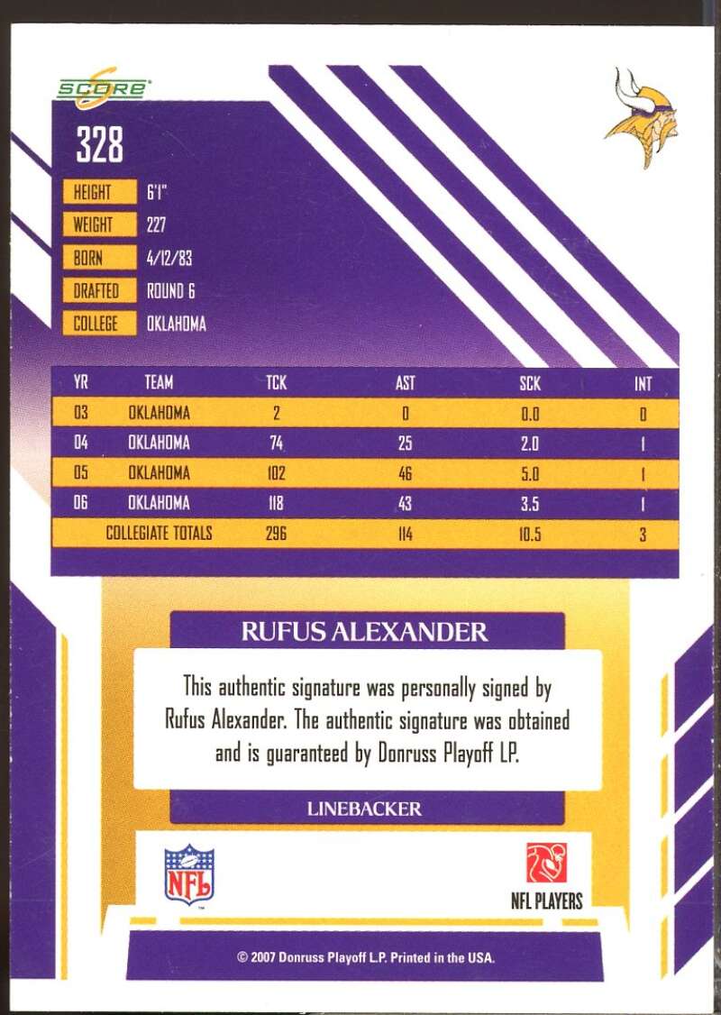 Rufus Alexander Card 2007 Score Inscriptions Rookie Autograph #328  Image 2