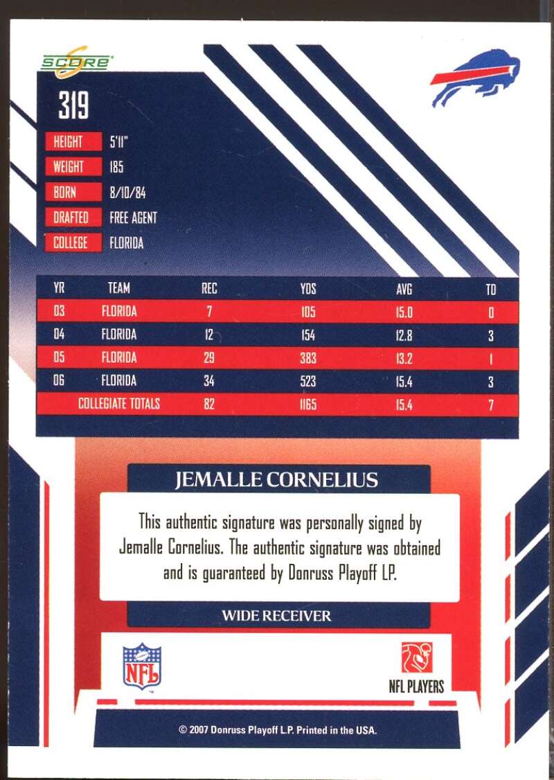 Jemalle Cornelius Card 2007 Score Inscriptions Rookie Autograph #319  Image 2