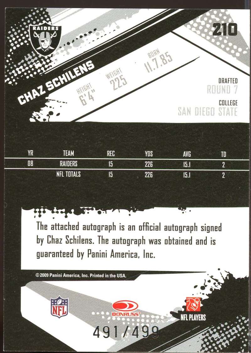 Chaz Schilens /499 Card 2009 Score Inscriptions Autographs #210  Image 2