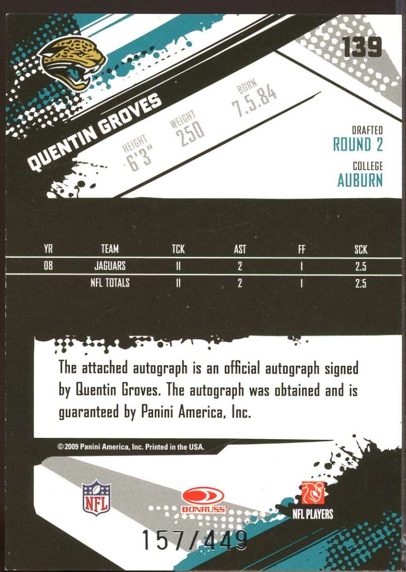 Quentin Groves /449 Card 2009 Score Inscriptions Autographs #139  Image 2