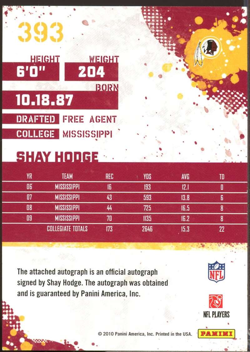 Shay Hodge Card 2010 Score Signatures Rookie Autograph #393  Image 2