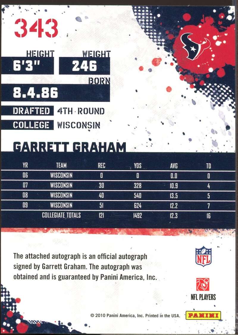 Garrett Graham Card 2010 Score Signatures Rookie Autograph #343  Image 2