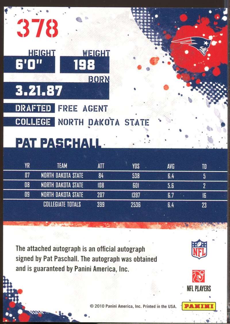 Pat Paschall Card 2010 Score Signatures Rookie Autograph #378  Image 2