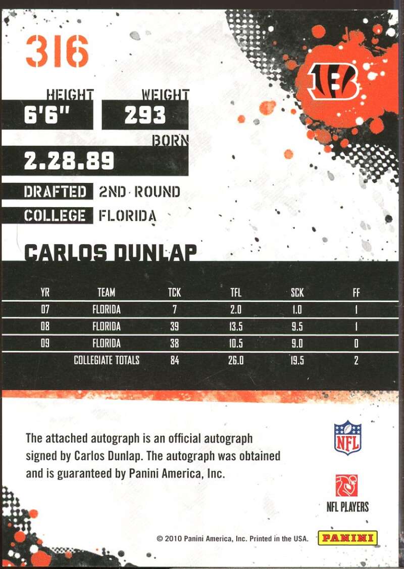 Carlos Dunlap Card 2010 Score Signatures Rookie Autograph #316  Image 2