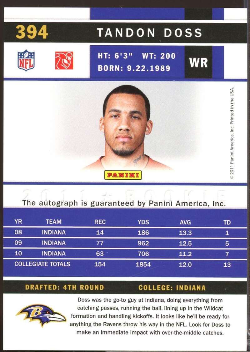 Tandon Doss Card 2011 Score Signatures Rookie Autograph #394  Image 2