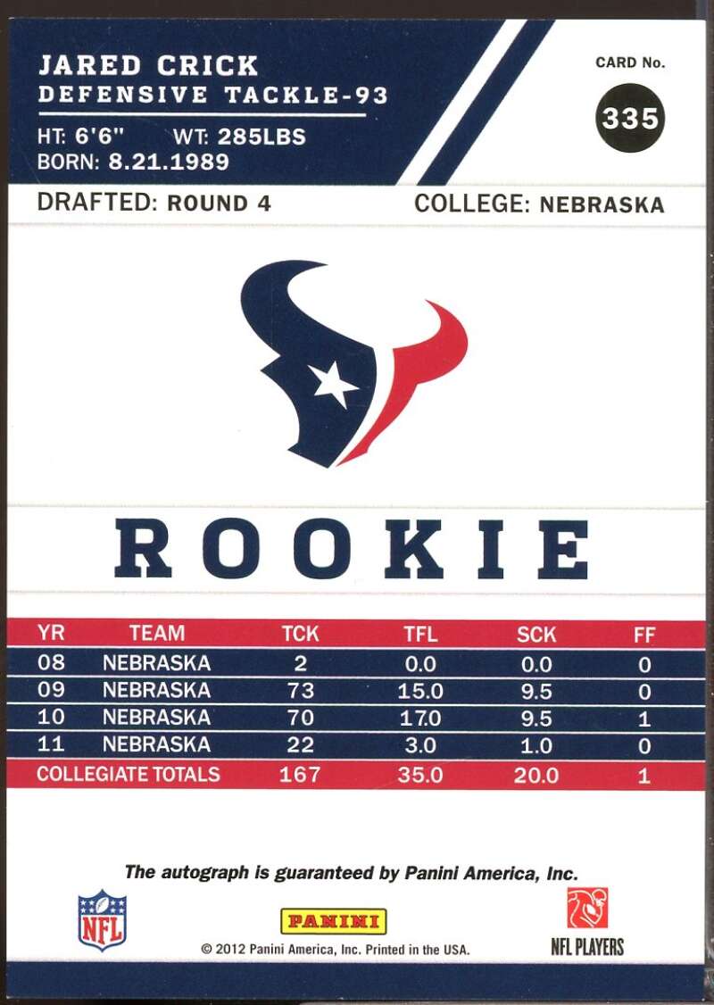 Jared Crick Card 2012 Score Signatures Rookie Autograph #335  Image 2