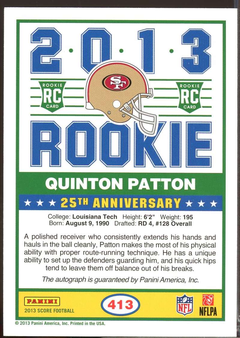 Quinton Patton Card 2013 Score Rookie Autograph Signatures #413  Image 2