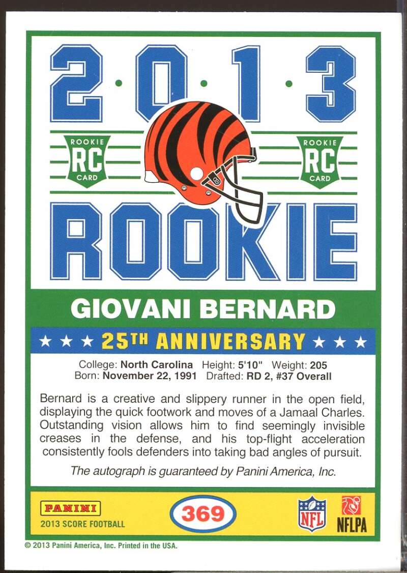 Giovani Bernard Card 2013 Score Rookie Autograph Signatures Blue #369  Image 2