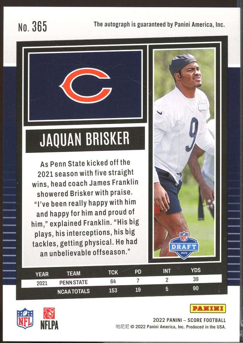 Jaquan Brisker Card 2022 Score Rookie Autograph Signatures #365  Image 2