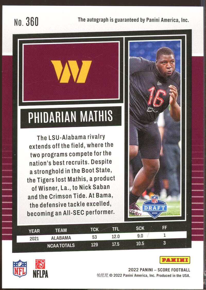Phidarian Mathis Card 2022 Score Rookie Autograph Signatures #360  Image 2