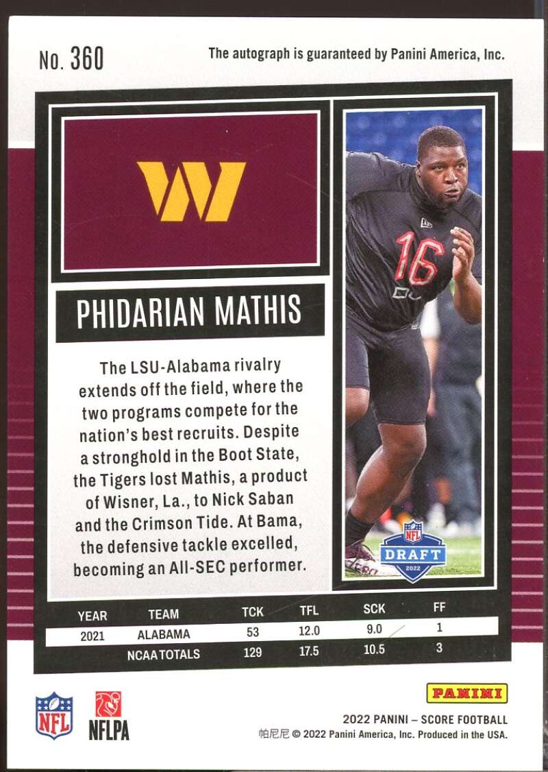 Phidarian Mathis Card 2022 Score Rookie Autograph Signatures #360  Image 2
