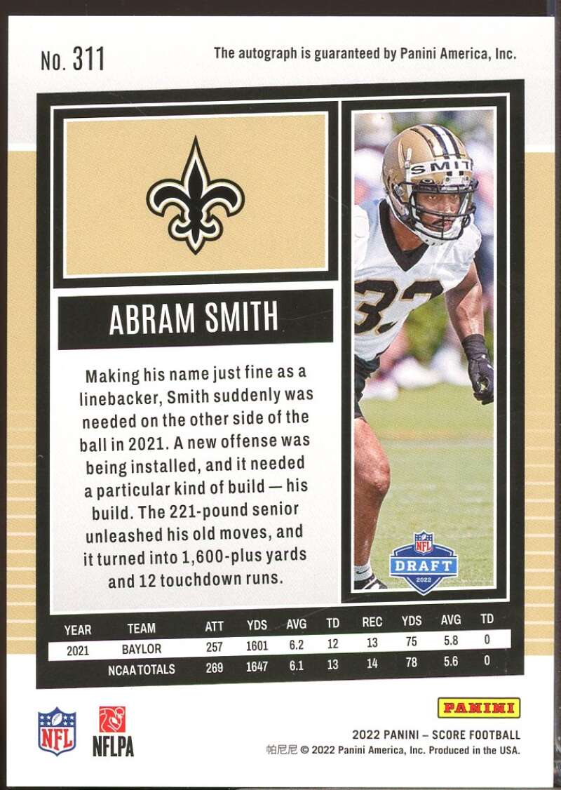 Abram Smith Card 2022 Score Rookie Autograph Signatures #311  Image 2