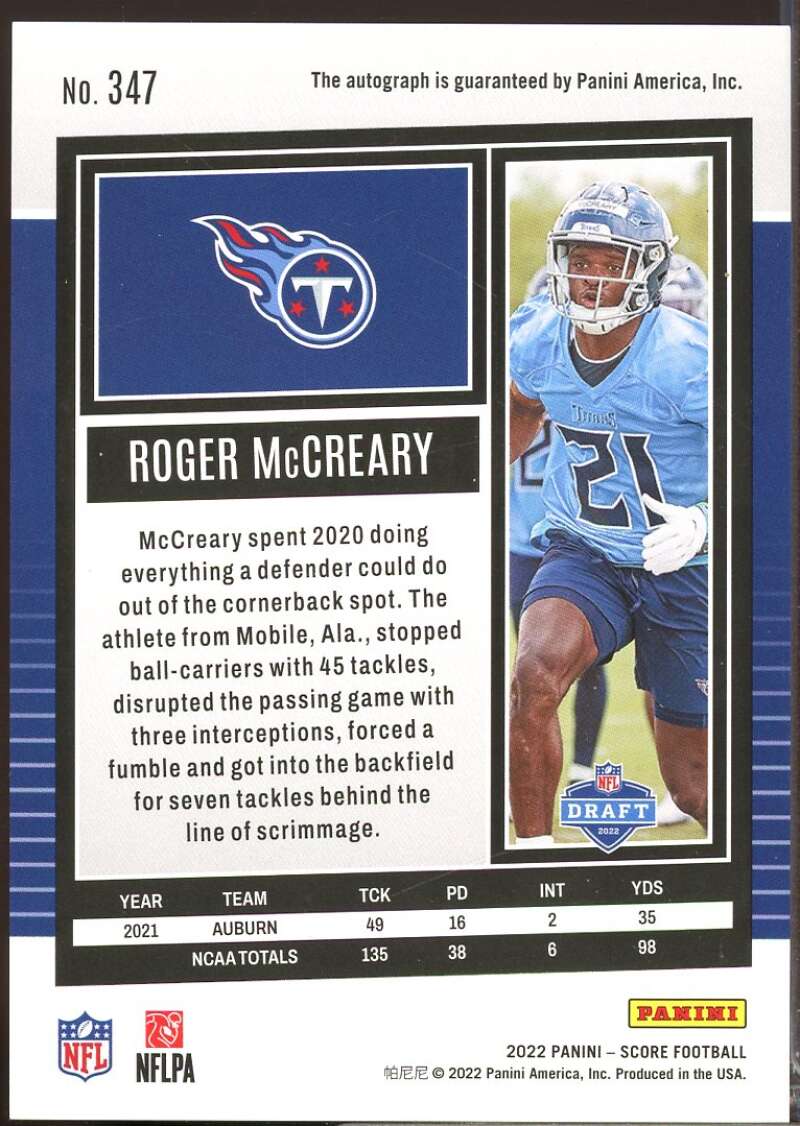 Roger McCreary Card 2022 Score Rookie Autograph Signatures #347  Image 2
