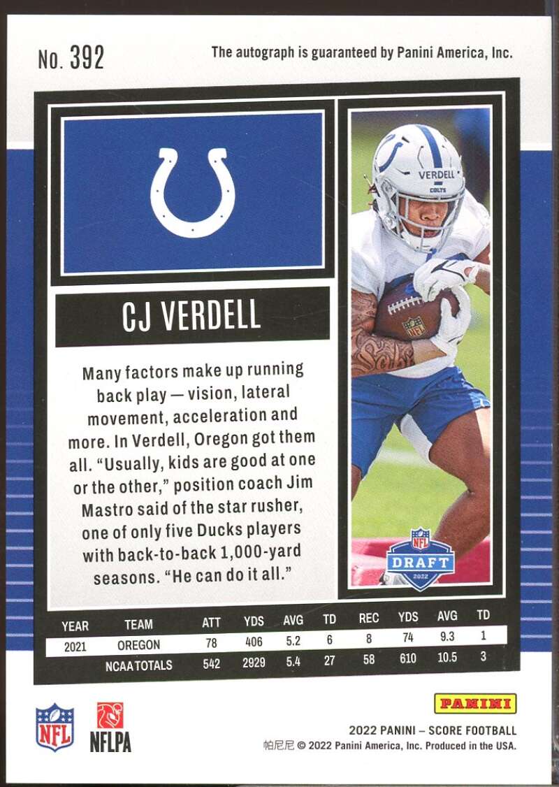 CJ Verdell Card 2022 Score Rookie Autograph Signatures #392  Image 2