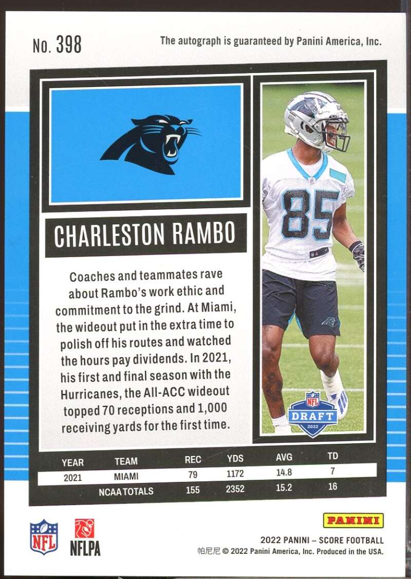 Charleston Rambo Card 2022 Score Rookie Autograph Signatures #398  Image 2
