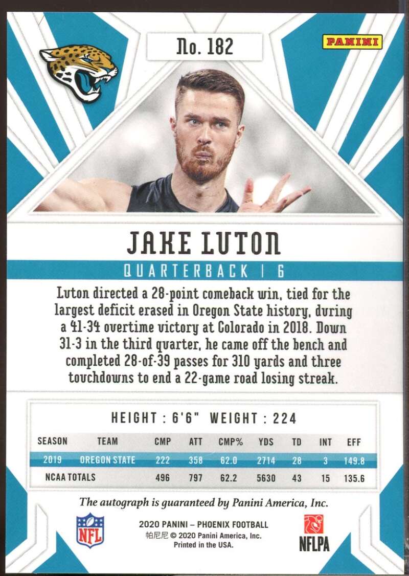Jake Luton Card 2020 Panini Phoenix Rookie Autographs Silver #182  Image 2