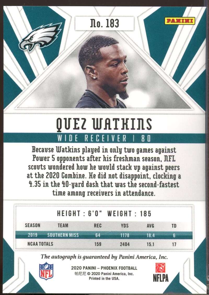 Quez Watkins Card 2020 Panini Phoenix Rookie Autographs Silver #183  Image 2