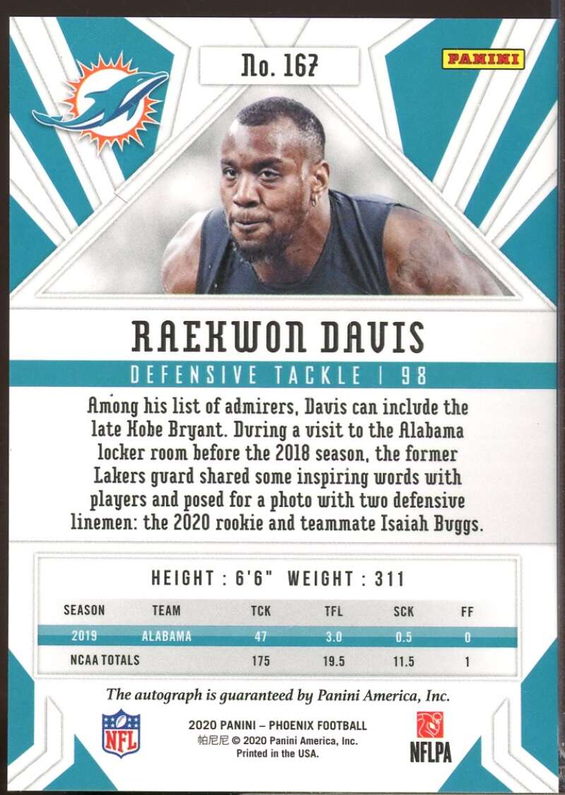Raekwon Davis Card 2020 Panini Phoenix Rookie Autographs Silver #167  Image 2