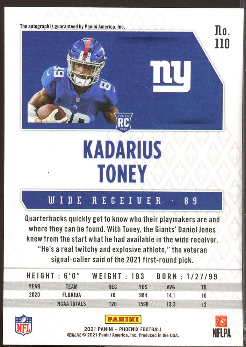 Kadarius Toney Card 2021 Panini Phoenix Rookie Autographs Silver #110  Image 2