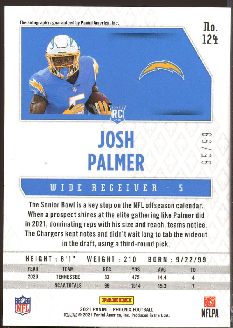 Josh Palmer /99 Card 2021 Panini Phoenix Rookie Autographs Lazer #124  Image 2