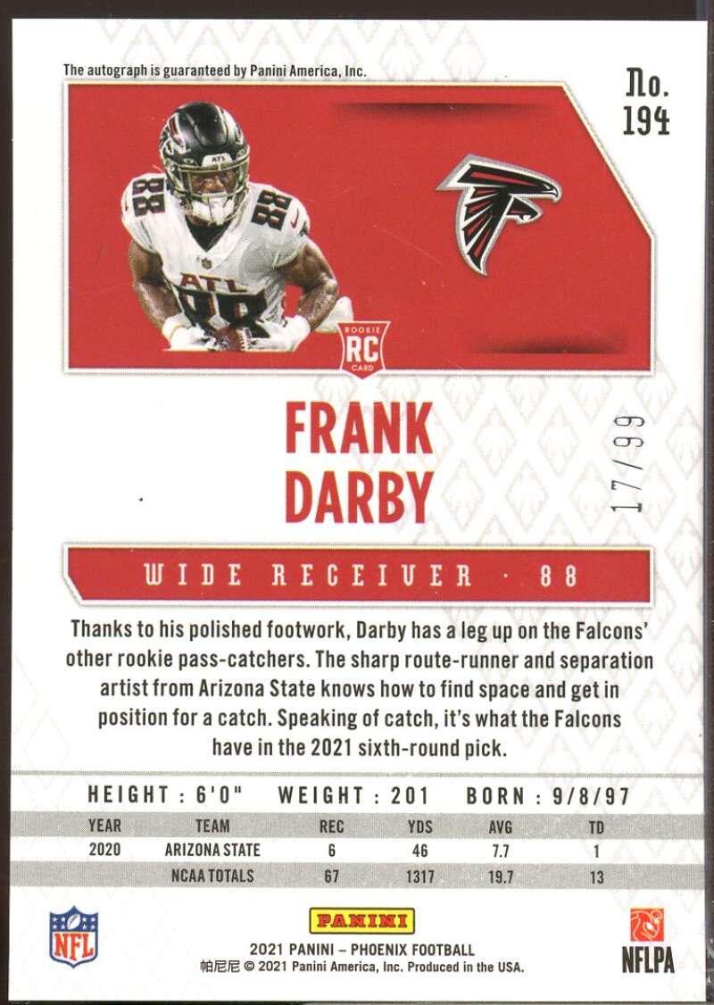Frank Darby /99 Card 2021 Panini Phoenix Rookie Autographs Pink #194  Image 2