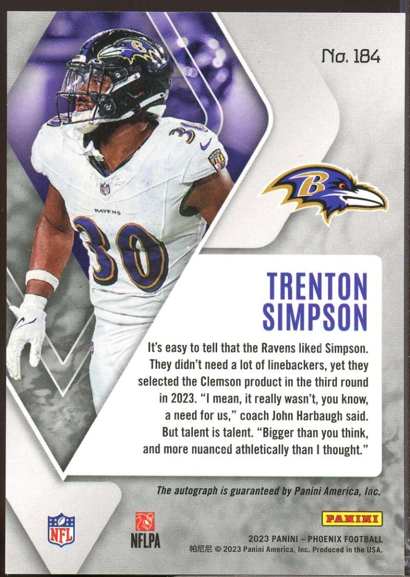 Trenton Simpson Card 2023 Panini Phoenix Rookie Autographs Silver #184  Image 2