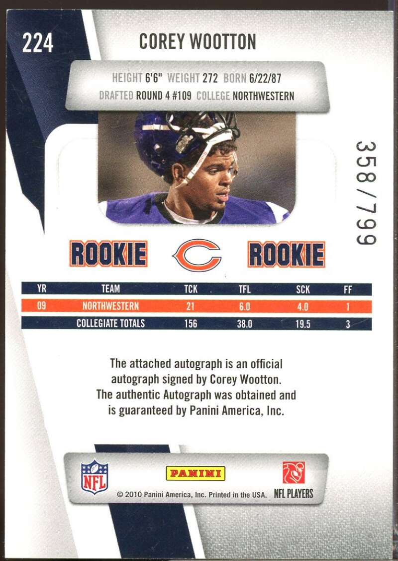 Corey Wootton /799 Card 2010 Prestige Draft Picks Rights Rookie Autographs #224  Image 2