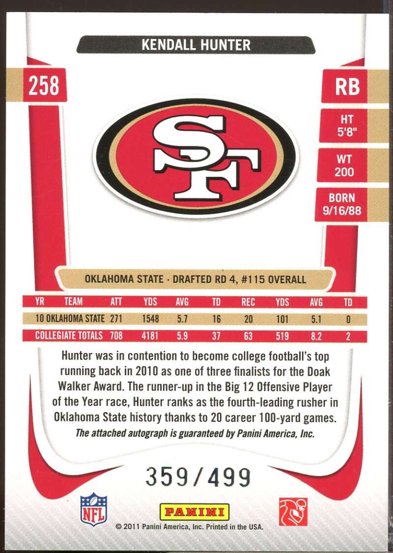Kendall Hunter /499 2011 Prestige Draft Picks Rights Rookie Autographs #258  Image 2