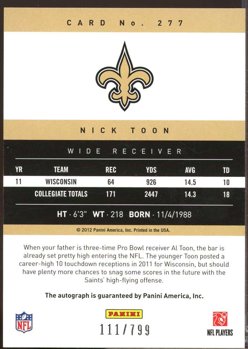 Nick Toon /799 Card 2012 Prestige Rookie Autographs #277  Image 2