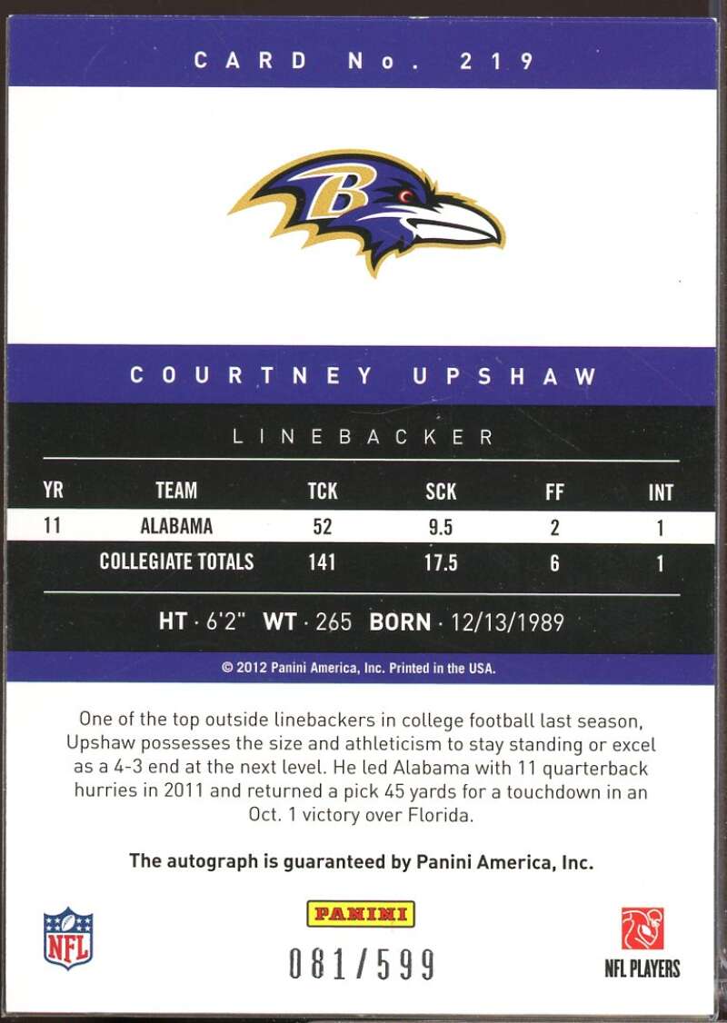 Courtney Upshaw /599 Card 2012 Prestige Rookie Autographs #219  Image 2